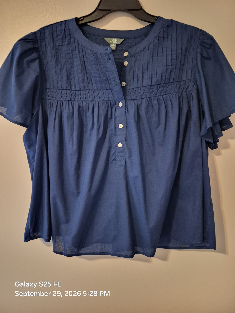 Women's 2X Terra Sky Button-Front Blouse, Flutter Sleeves